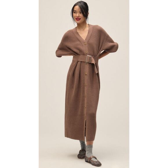 By Anthropologie Brown Long-Sleeve Belted Cardigan Midi Dress